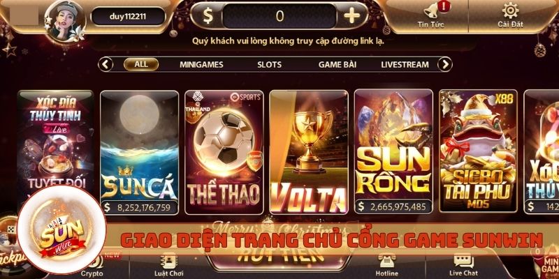 Giao diện trang chủ cổng game Sunwin